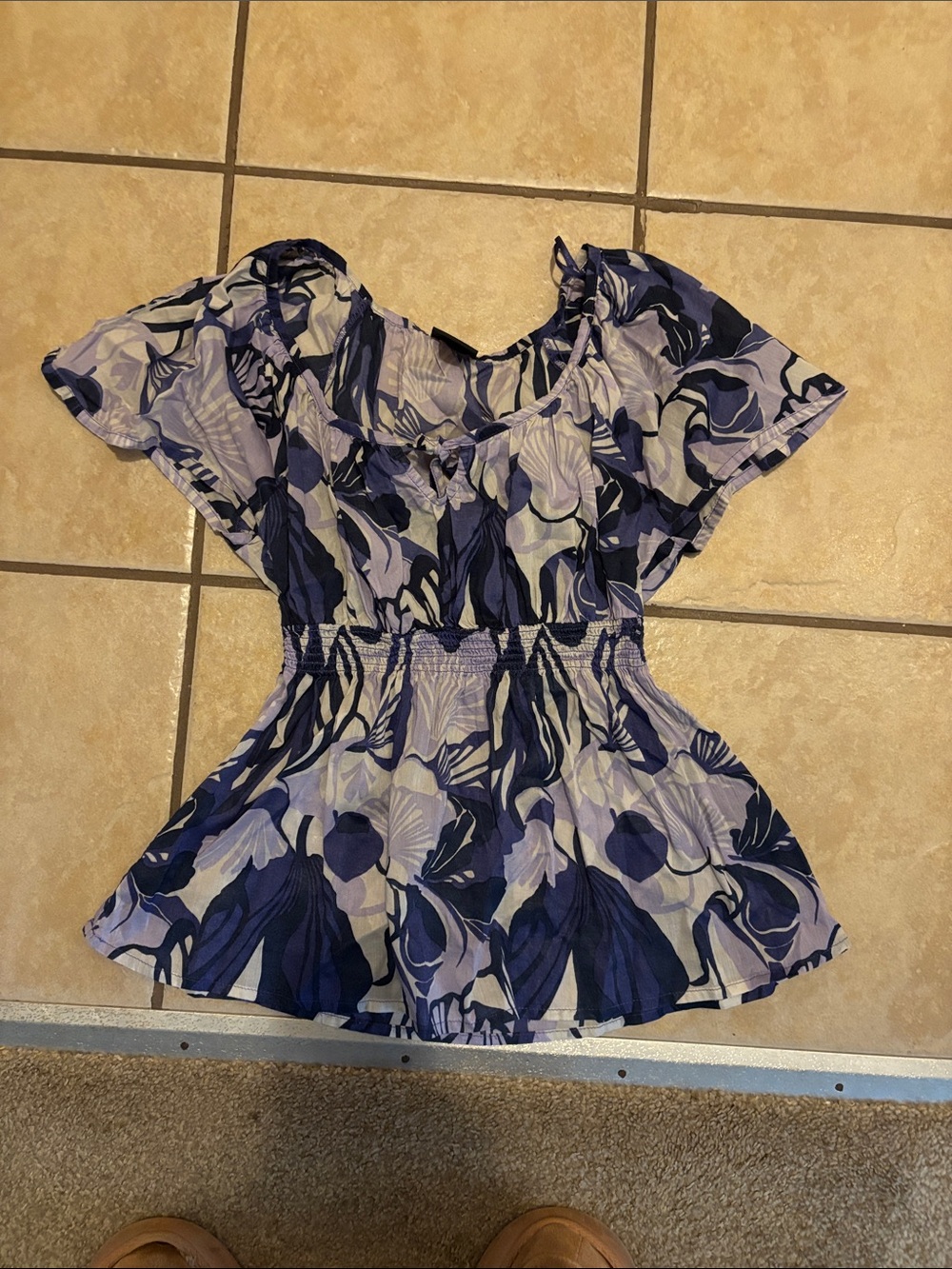 H&M Lavender and Navy Floral Smocked Waist Short Sleeve Top